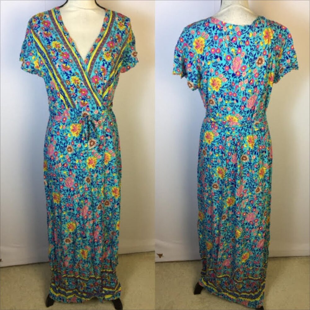 Pretty Garden Maxi Wrap Dress XL Woman Blue Floral Short Sleeve Boho Cottagecore